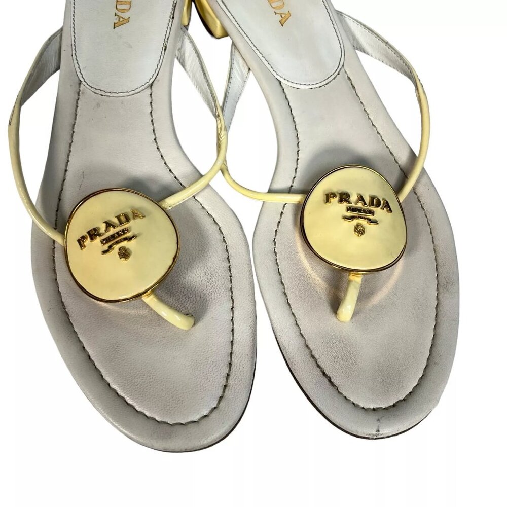 Prada Cream Enamel Logo Plaque Leather Flip Flop Sandals Size EU 40 Womens - Picture 11 of 16